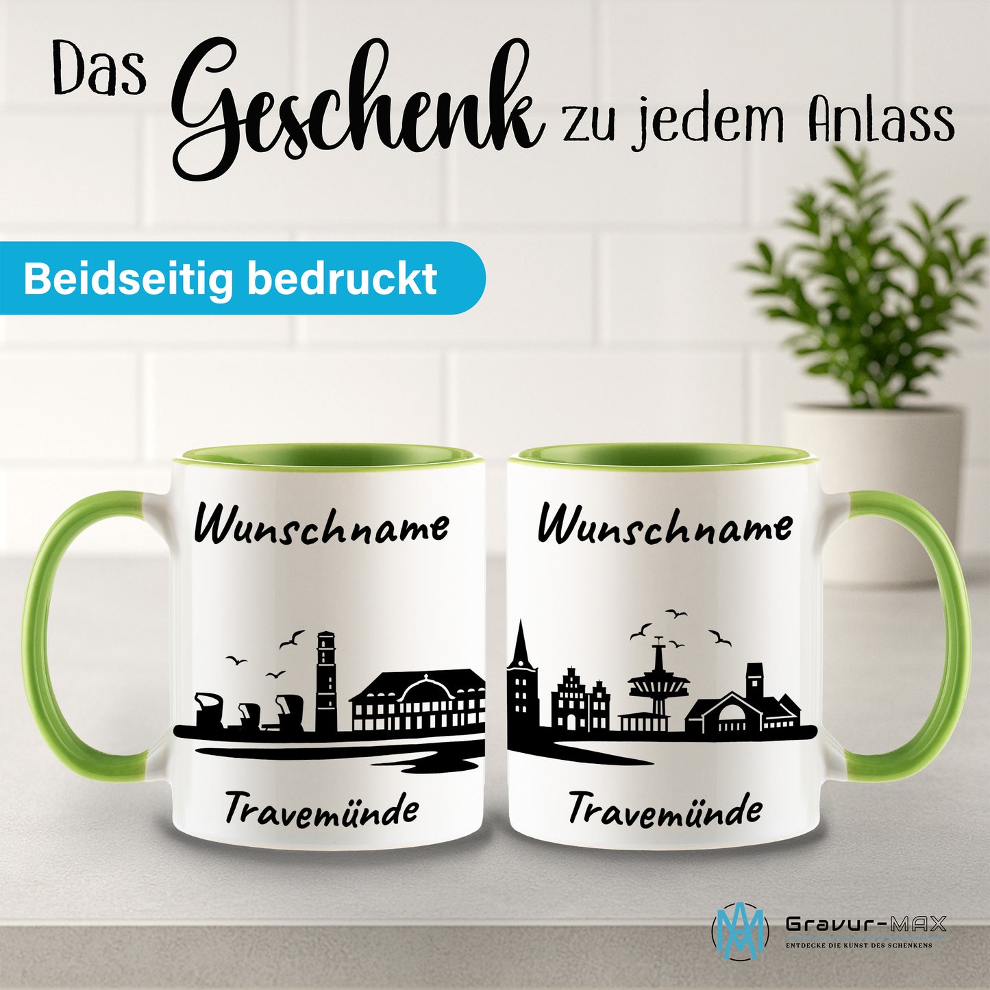 Tasse in Hellgrün 330ml bedruckt mit der Skyline von Travemünde personalisierbar mit Wunschname