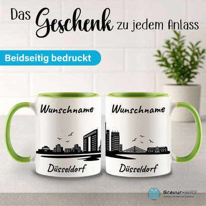 Tasse in Hellgrün 330ml bedruckt mit der Skyline von Düsseldorf personalisierbar mit Wunschname
