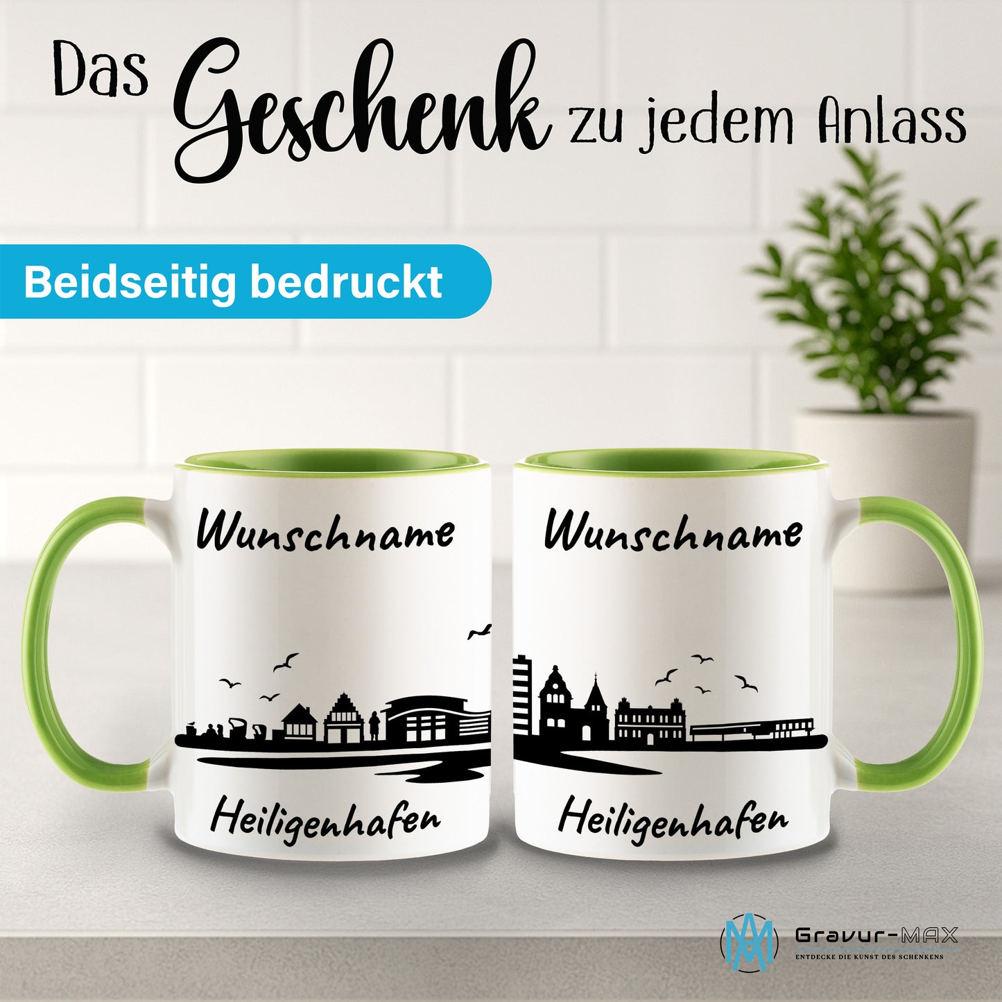 Tasse in Hellgrün 330ml bedruckt mit der Skyline von Heiligenhafen personalisierbar mit Wunschname