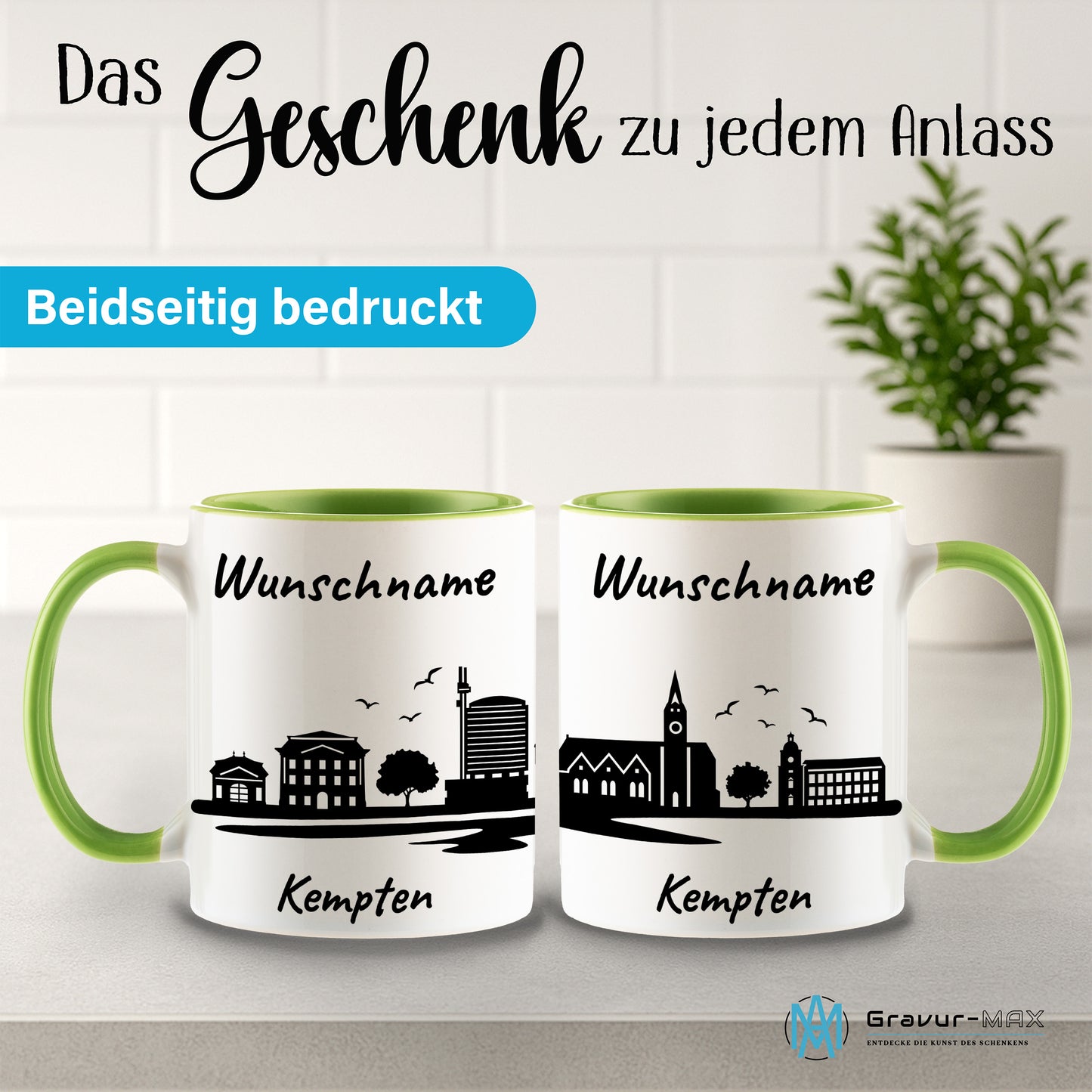 Tasse in Hellgrün 330ml bedruckt mit der Skyline von Kempten personalisierbar mit Wunschname