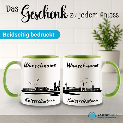 Tasse in Hellgrün 330ml bedruckt mit der Skyline von Kaiserslautern personalisierbar mit Wunschname
