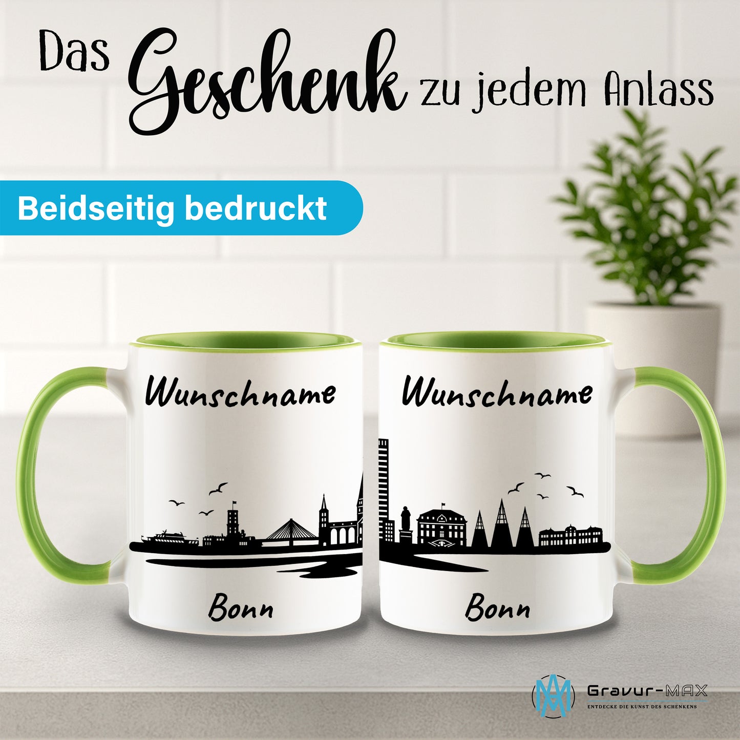 Tasse in Hellgrün 330ml bedruckt mit der Skyline von Bonn personalisierbar mit Wunschname