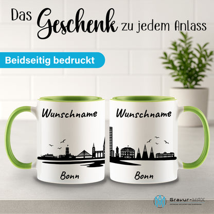 Tasse in Hellgrün 330ml bedruckt mit der Skyline von Bonn personalisierbar mit Wunschname