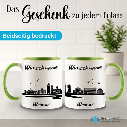 Tasse in Hellgrün 330ml bedruckt mit der Skyline von Weimar personalisierbar mit Wunschname