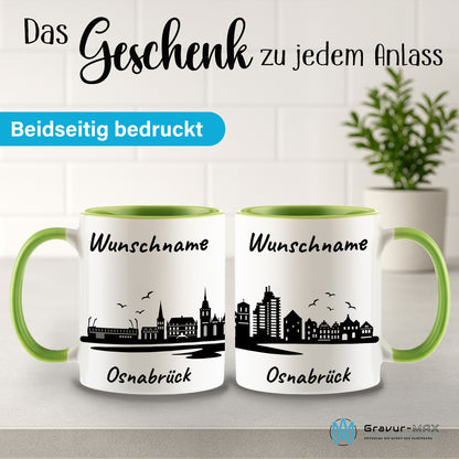 Tasse in Hellgrün 330ml bedruckt mit der Skyline von Osnabrück personalisierbar mit Wunschname