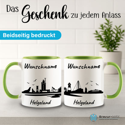 Tasse in Hellgrün 330ml bedruckt mit der Skyline von Helgoland personalisierbar mit Wunschname