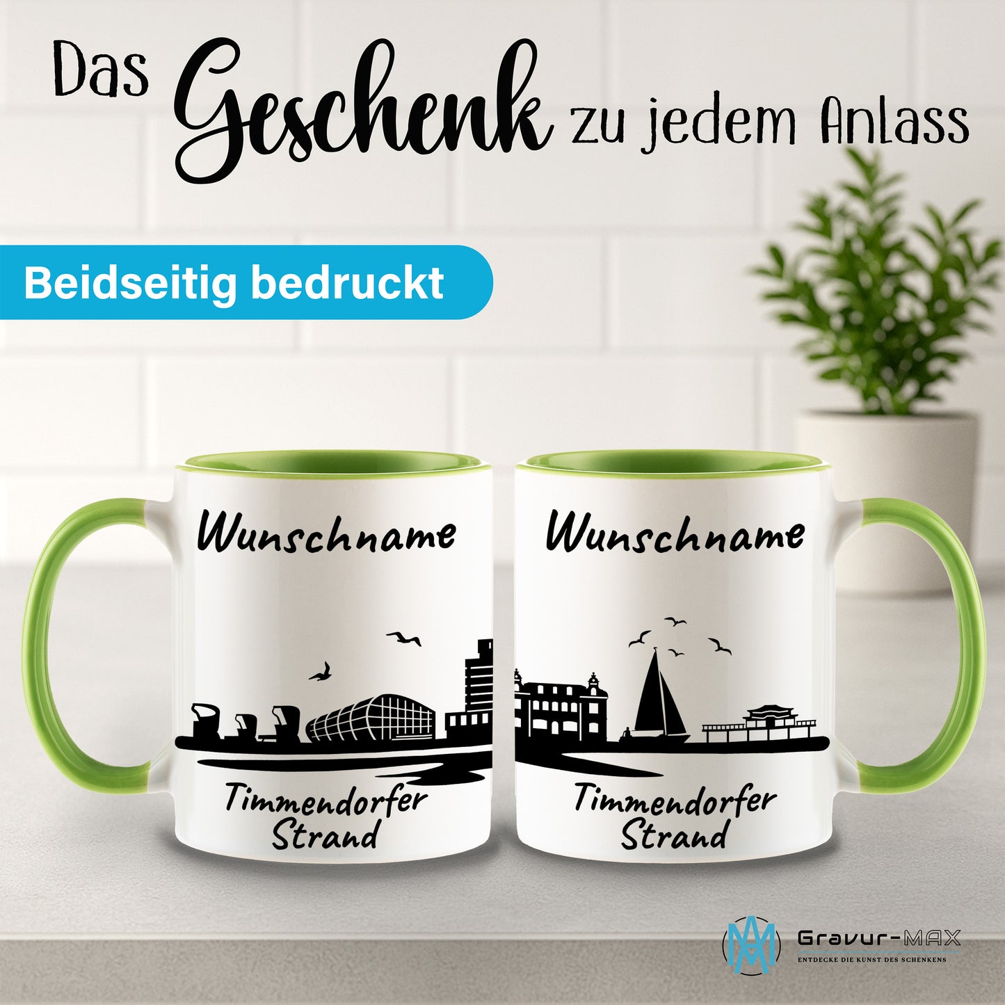 Tasse in Hellgrün 330ml bedruckt mit der Skyline von Timmendorfer Strand personalisierbar mit Wunschname
