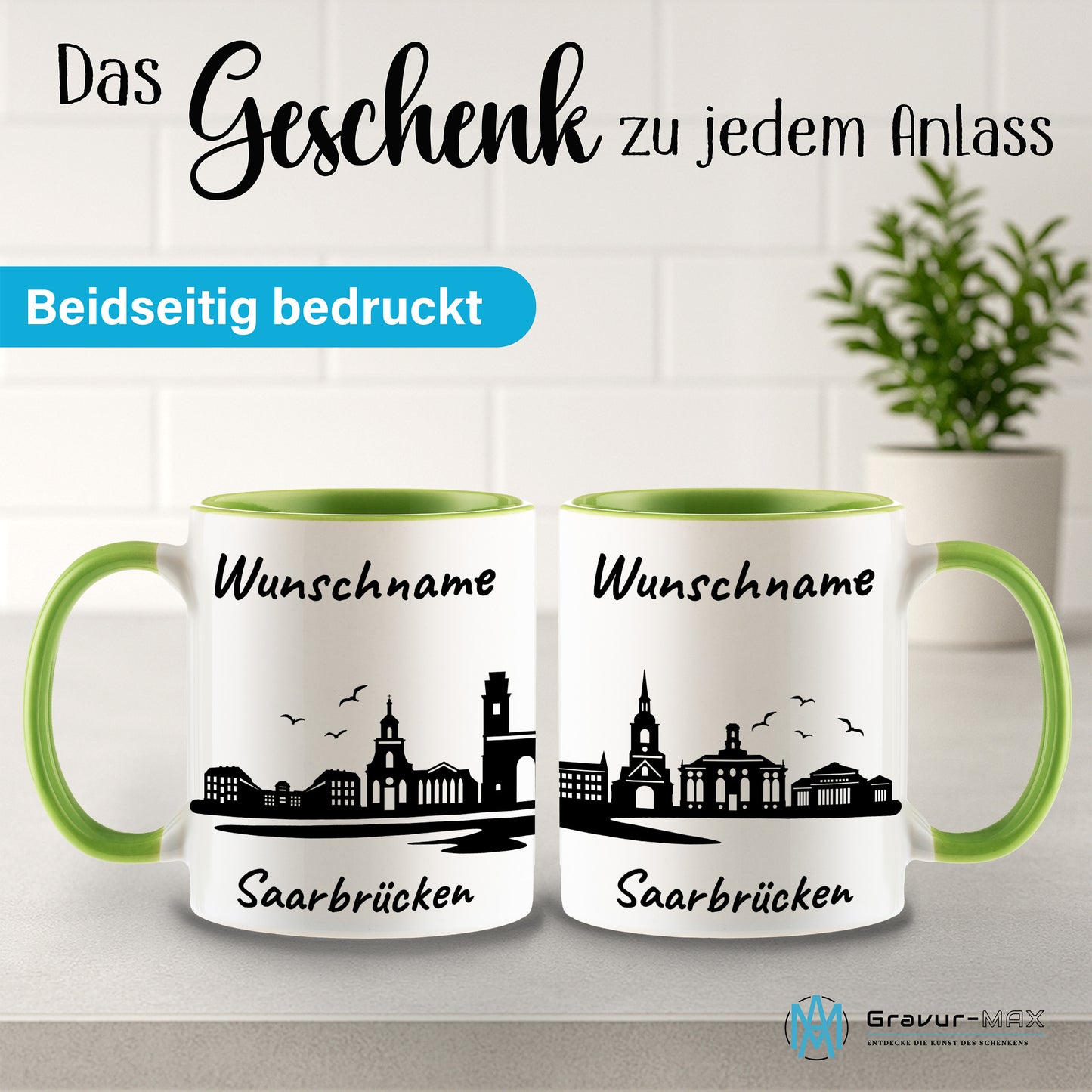 Tasse in Hellgrün 330ml bedruckt mit der Skyline von Saarbrücken personalisierbar mit Wunschname