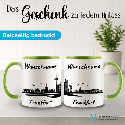 Tasse in Hellgrün 330ml bedruckt mit der Skyline von Frankfurt personalisierbar mit Wunschname