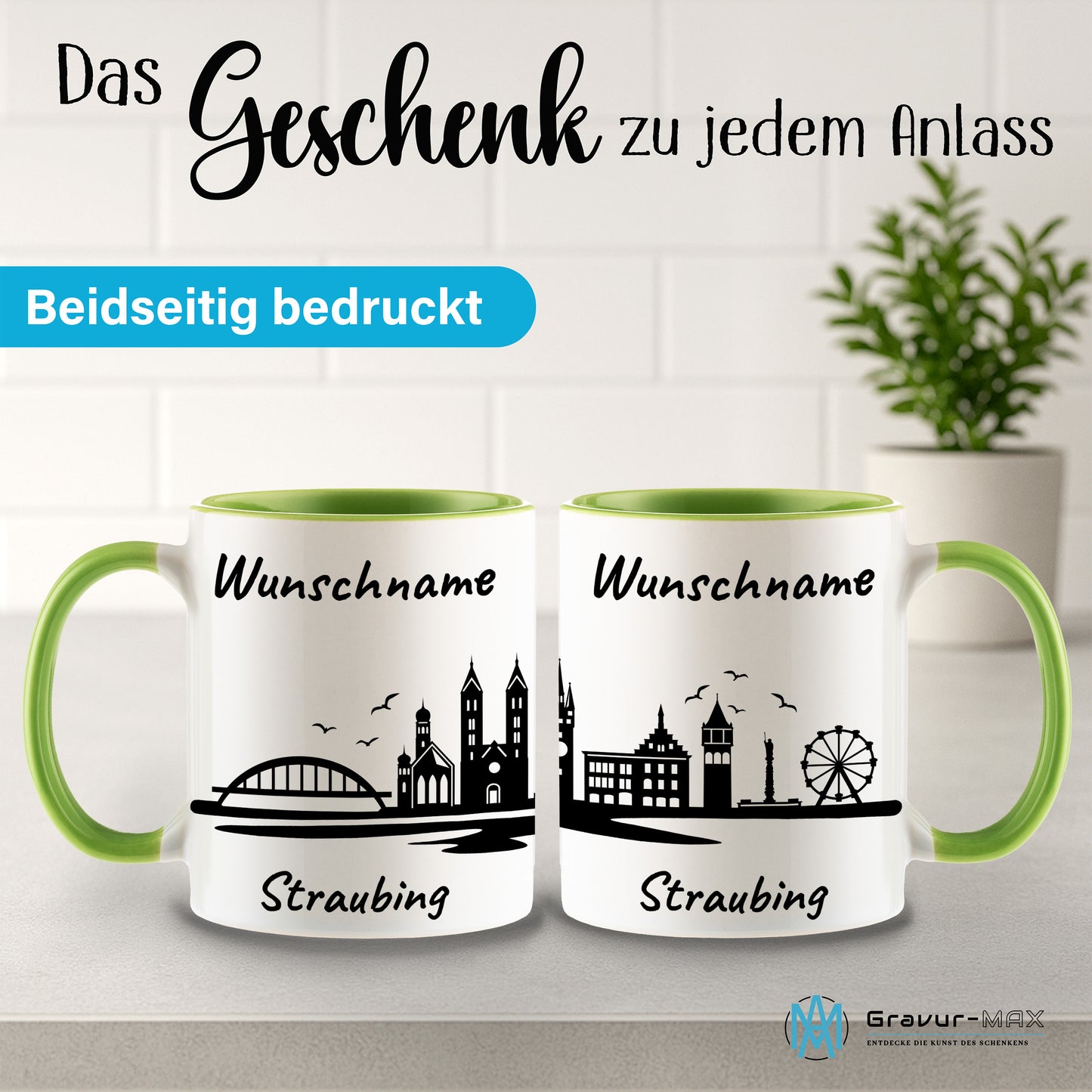 Tasse in Hellgrün 330ml bedruckt mit der Skyline von Straubing personalisierbar mit Wunschname