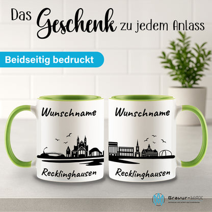 Tasse in Hellgrün 330ml bedruckt mit der Skyline von Recklinghausen personalisierbar mit Wunschname