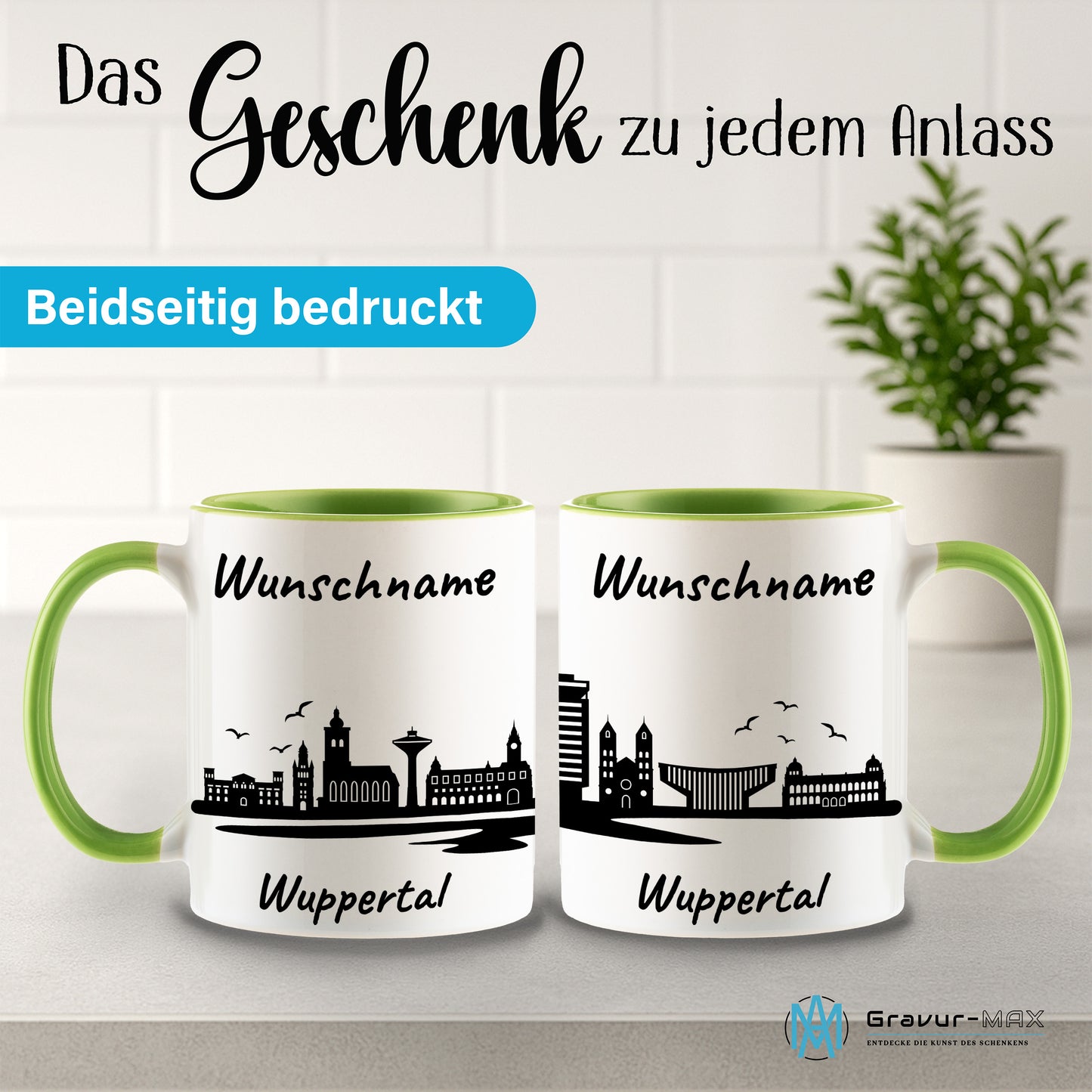 Tasse in Hellgrün 330ml bedruckt mit der Skyline von Wuppertal personalisierbar mit Wunschname
