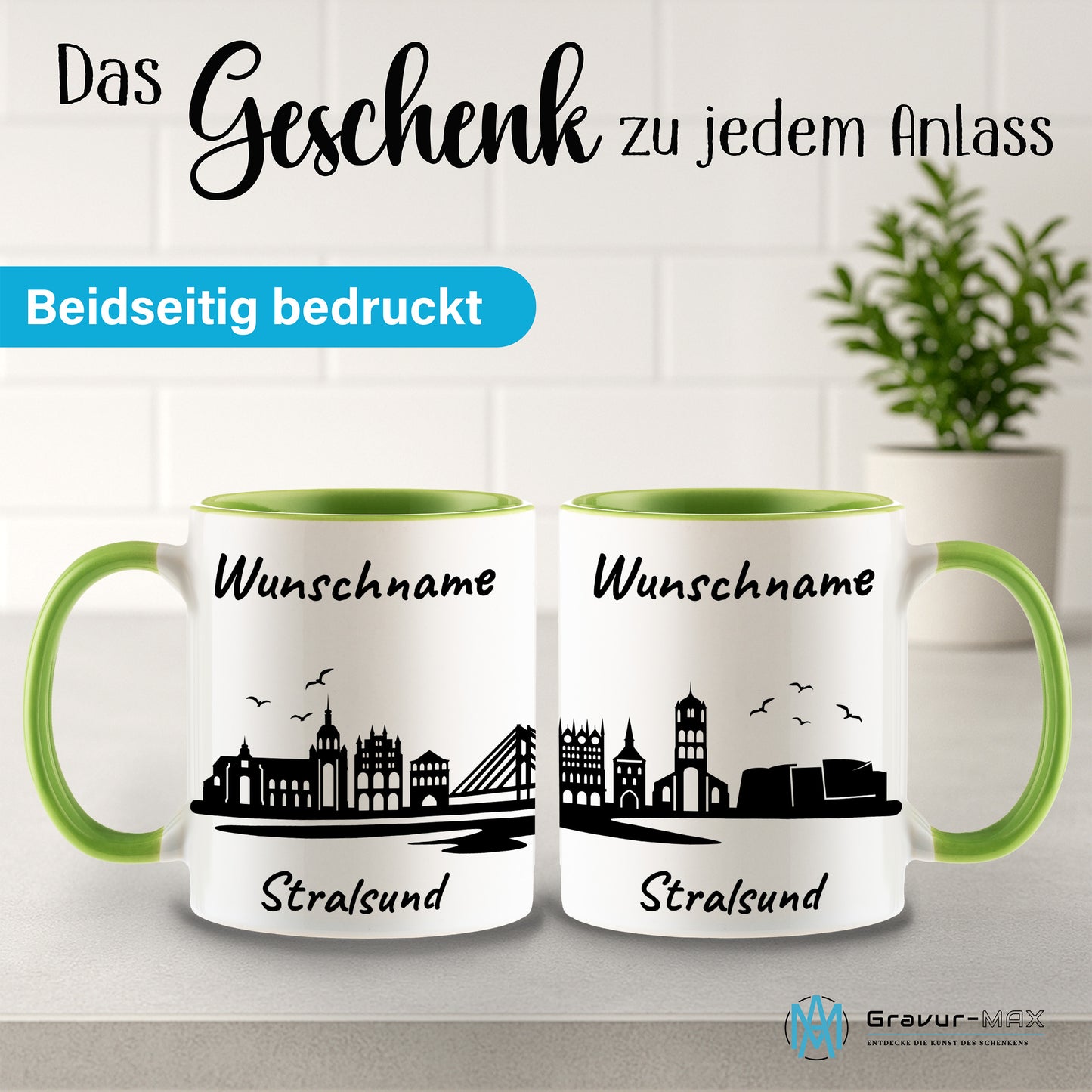 Tasse in Hellgrün 330ml bedruckt mit der Skyline von Stralsund personalisierbar mit Wunschname
