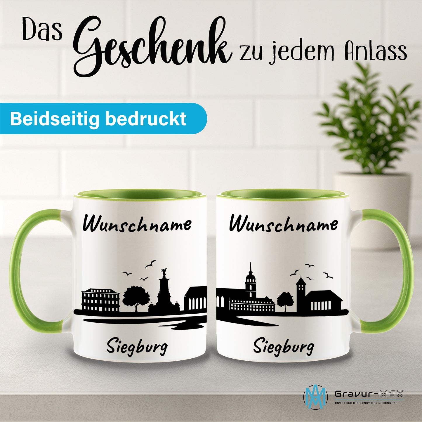 Tasse in Hellgrün 330ml bedruckt mit der Skyline von Siegburg personalisierbar mit Wunschname