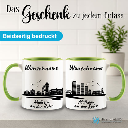 Tasse in Hellgrün 330ml bedruckt mit der Skyline von Mülheim an der Ruhr personalisierbar mit Wunschname
