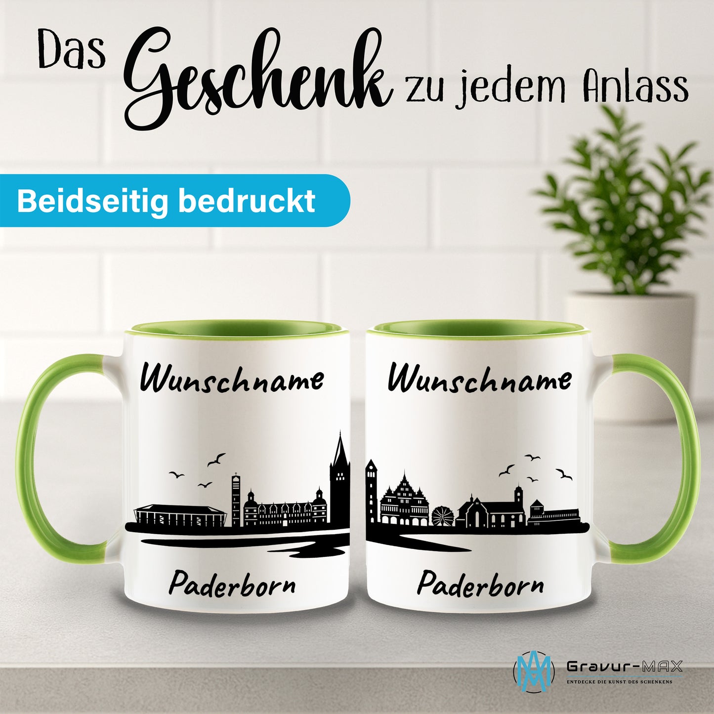 Tasse in Hellgrün 330ml bedruckt mit der Skyline von Paderborn personalisierbar mit Wunschname