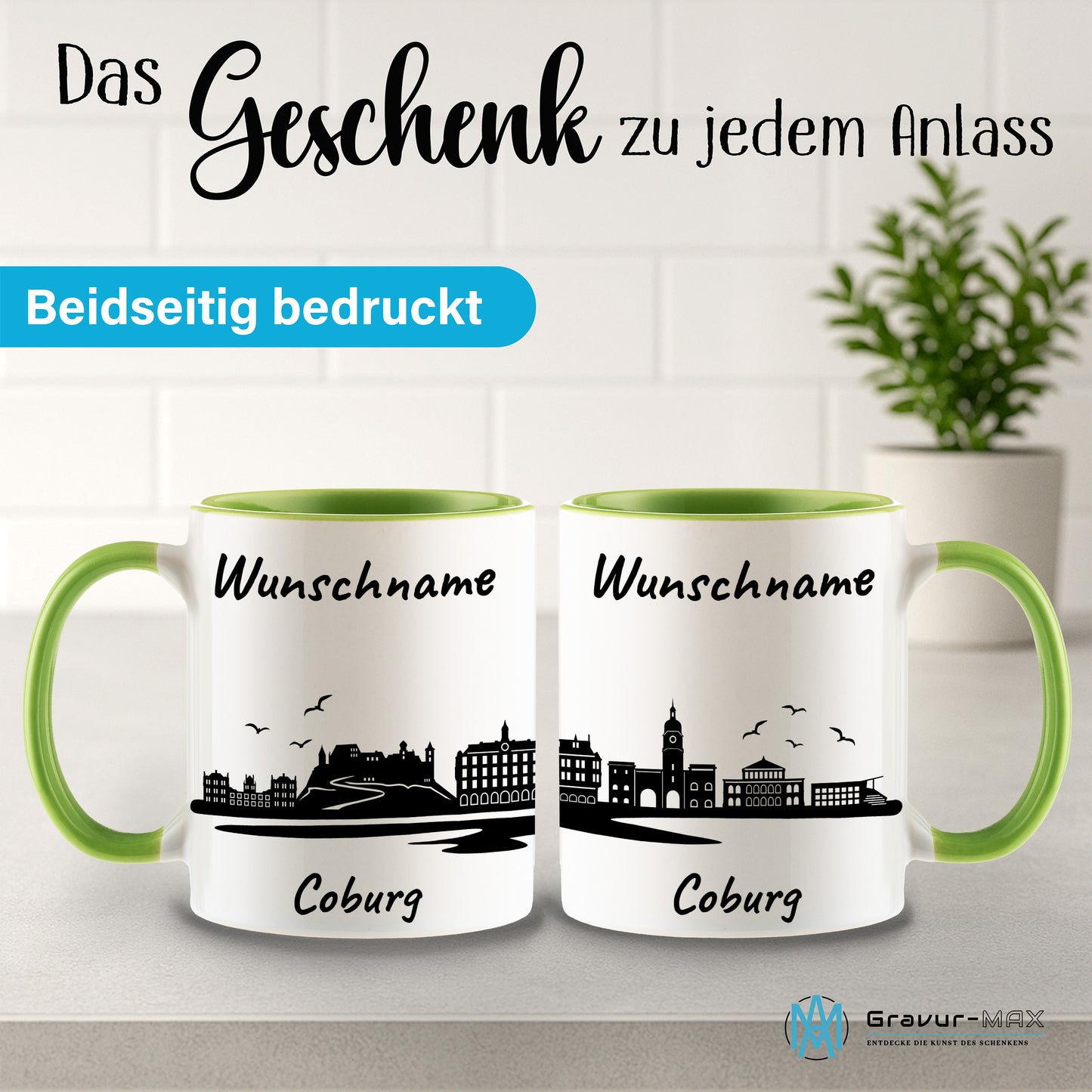 Tasse in Hellgrün 330ml bedruckt mit der Skyline von Coburg personalisierbar mit Wunschname