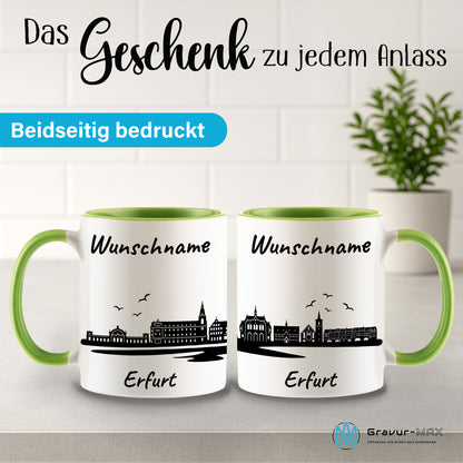 Tasse in Hellgrün 330ml bedruckt mit der Skyline von Erfurt personalisierbar mit Wunschname