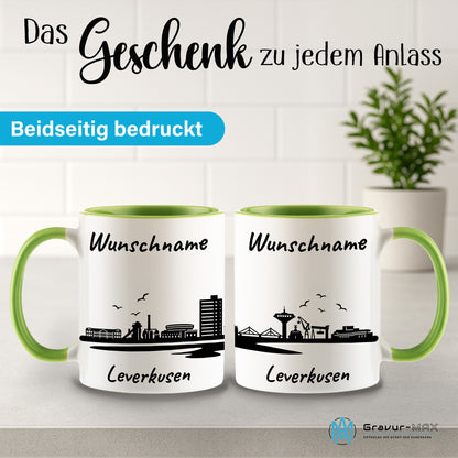 Tasse in Hellgrün 330ml bedruckt mit der Skyline von Leverkusen personalisierbar mit Wunschname