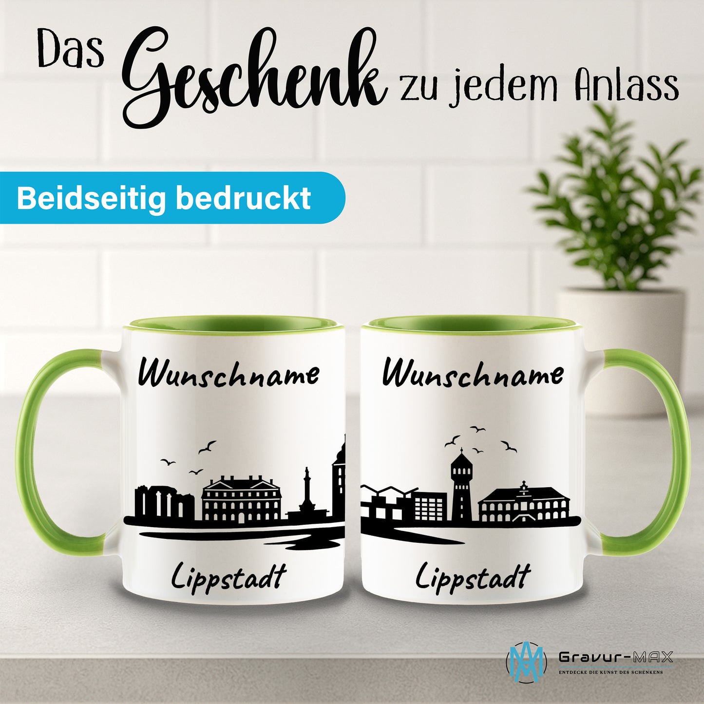 Tasse in Hellgrün 330ml bedruckt mit der Skyline von Lippstadt personalisierbar mit Wunschname