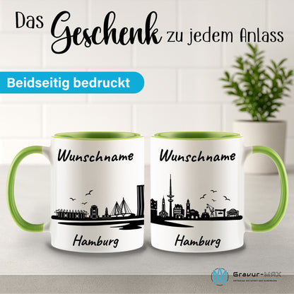 Tasse in Hellgrün 330ml bedruckt mit der Skyline von Hamburg personalisierbar mit Wunschname