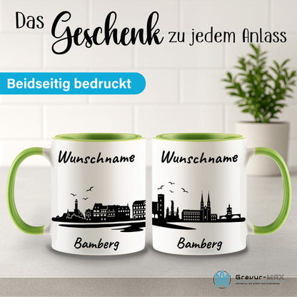 Tasse in Hellgrün 330ml bedruckt mit der Skyline von Bamberg personalisierbar mit Wunschname