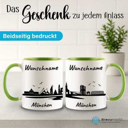 Tasse in Hellgrün 330ml bedruckt mit der Skyline von München personalisierbar mit Wunschname