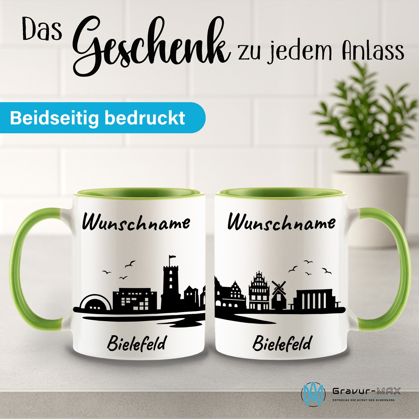 Tasse in Hellgrün 330ml bedruckt mit der Skyline von Bielefeld personalisierbar mit Wunschname