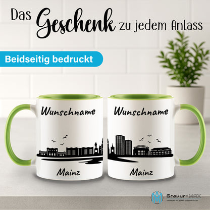 Tasse in Hellgrün 330ml bedruckt mit der Skyline von Mainz personalisierbar mit Wunschname
