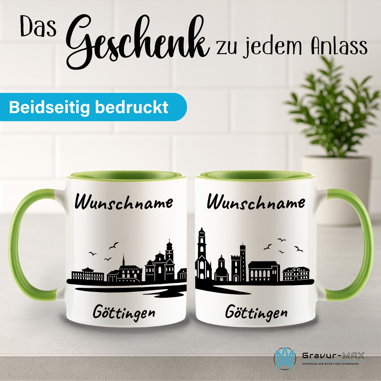 Tasse in Hellgrün 330ml bedruckt mit der Skyline von Göttingen personalisierbar mit Wunschname