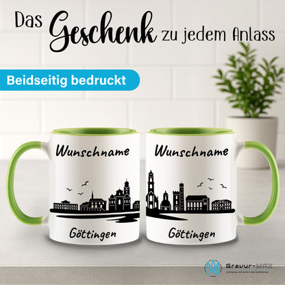 Tasse in Hellgrün 330ml bedruckt mit der Skyline von Göttingen personalisierbar mit Wunschname