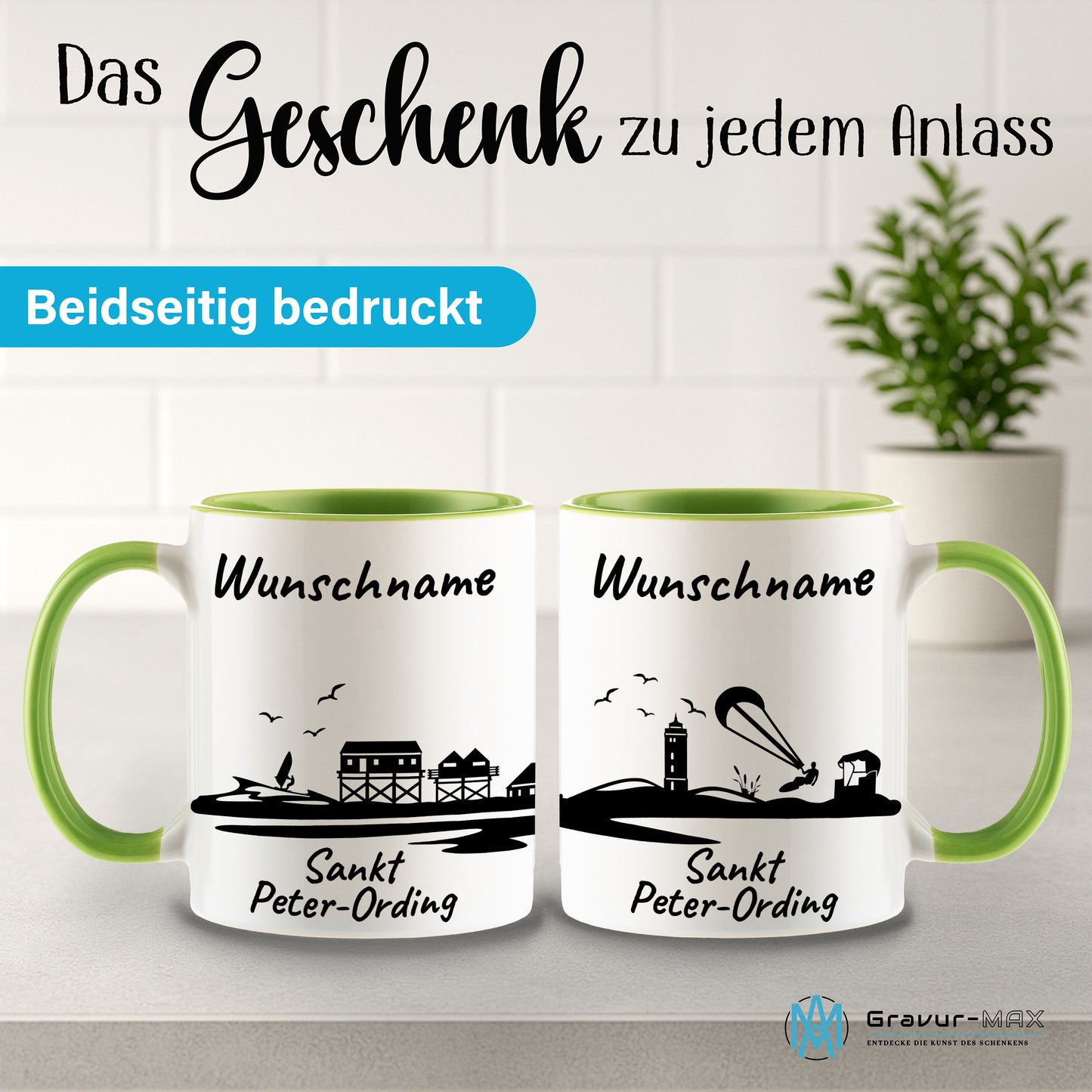 Tasse in Hellgrün 330ml bedruckt mit der Skyline von Sankt Peter-Ording personalisierbar mit Wunschname
