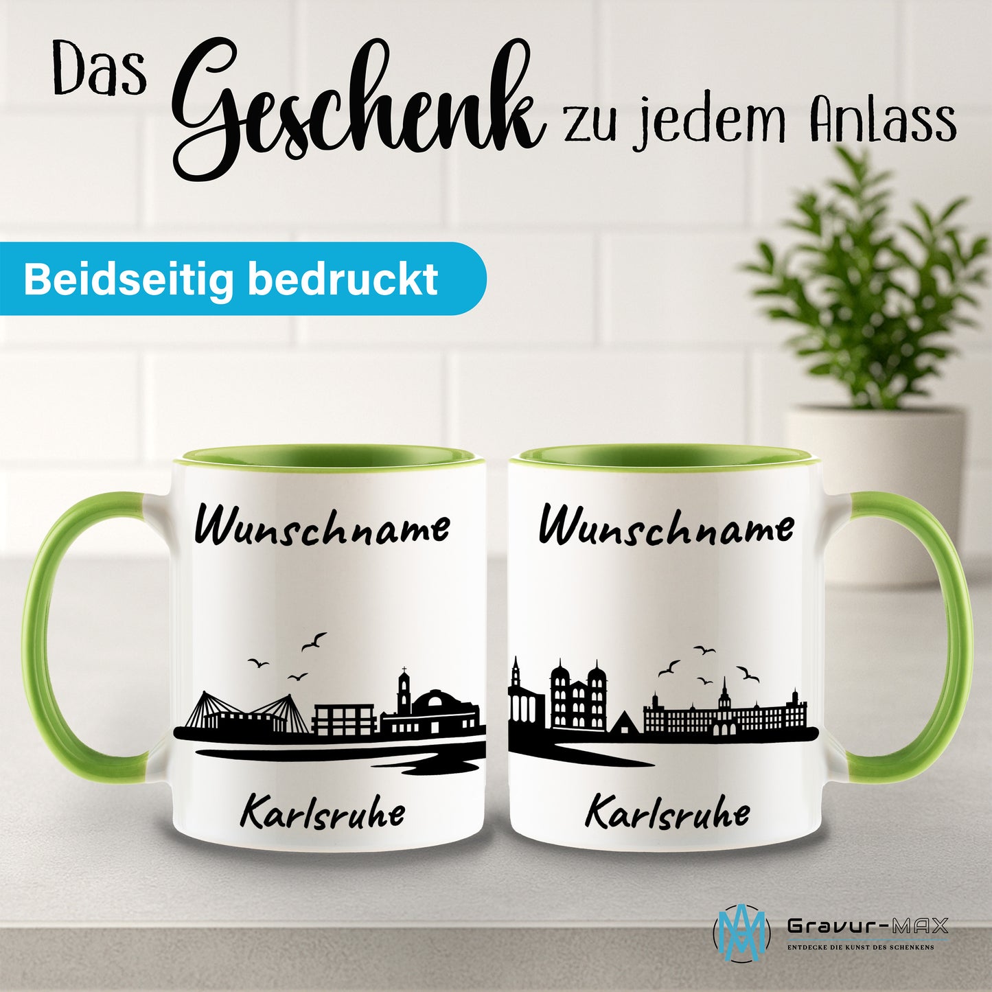 Tasse in Hellgrün 330ml bedruckt mit der Skyline von Karlsruhe personalisierbar mit Wunschname