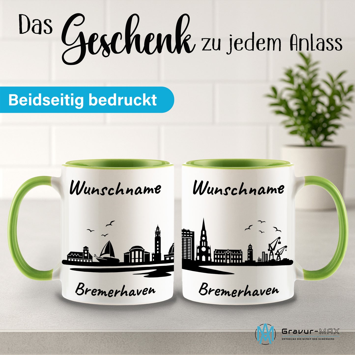 Tasse in Hellgrün 330ml bedruckt mit der Skyline von Bremerhaven personalisierbar mit Wunschname