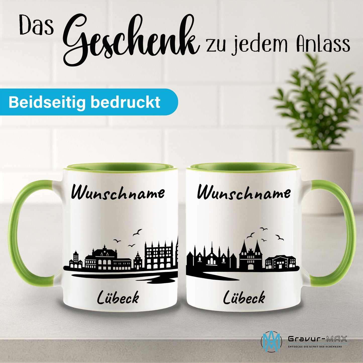 Tasse in Hellgrün 330ml bedruckt mit der Skyline von Lübeck personalisierbar mit Wunschname