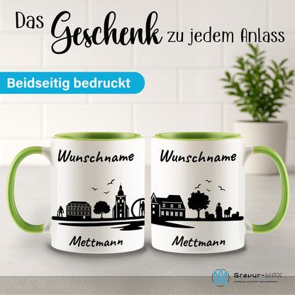 Tasse in Hellgrün 330ml bedruckt mit der Skyline von Mettmann personalisierbar mit Wunschname
