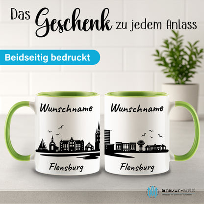 Tasse in Hellgrün 330ml bedruckt mit der Skyline von Flensburg personalisierbar mit Wunschname