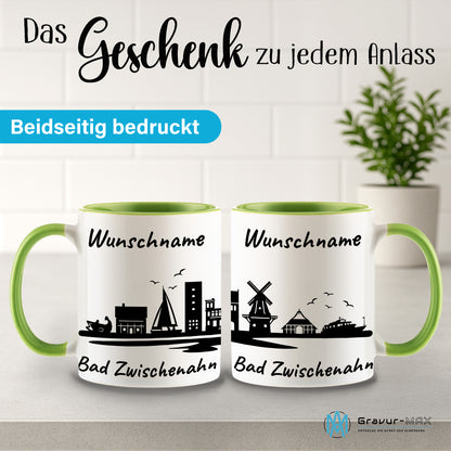 Tasse in Hellgrün 330ml bedruckt mit der Skyline von Bad Zwischenahn personalisierbar mit Wunschname