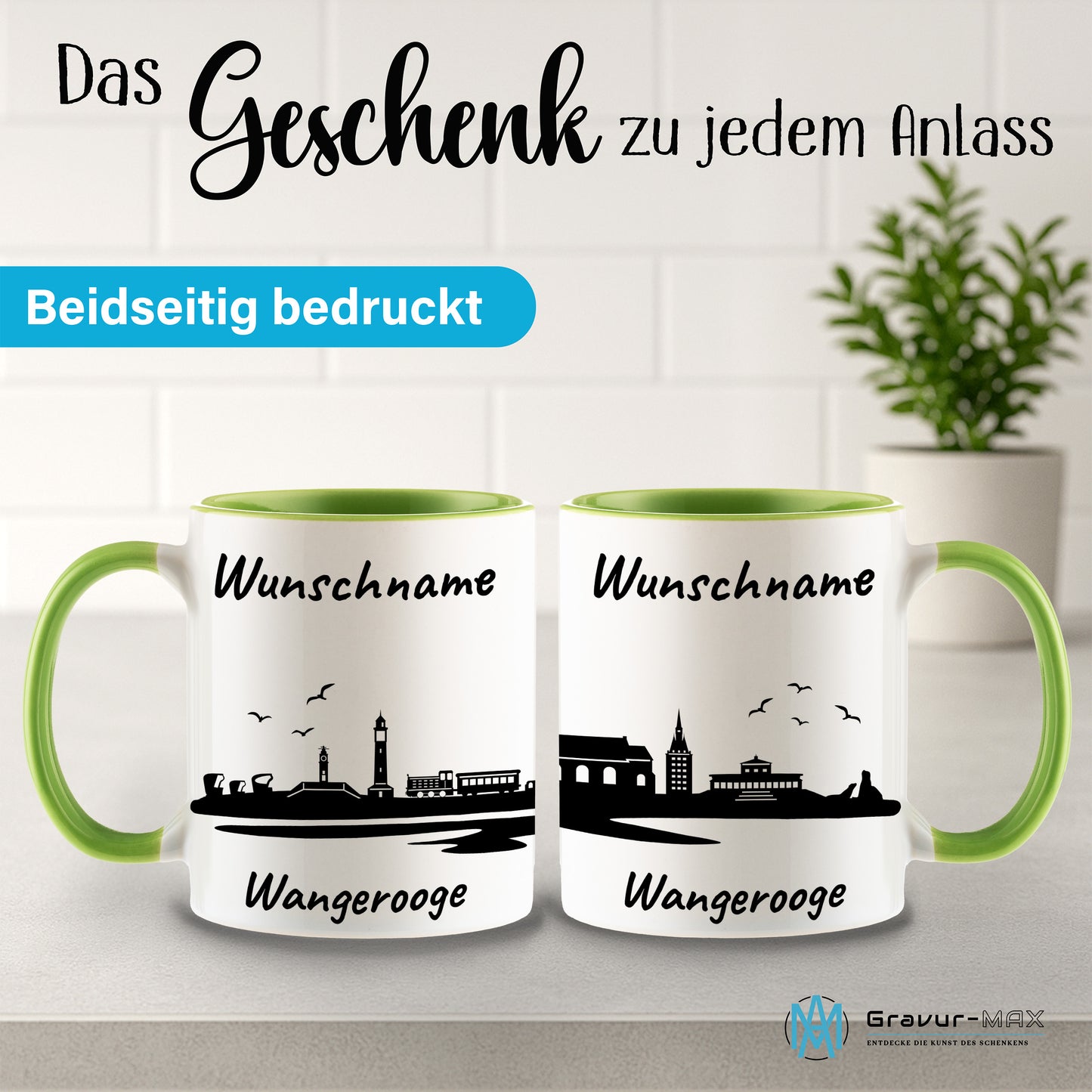 Tasse in Hellgrün 330ml bedruckt mit der Skyline von Wangerooge personalisierbar mit Wunschname