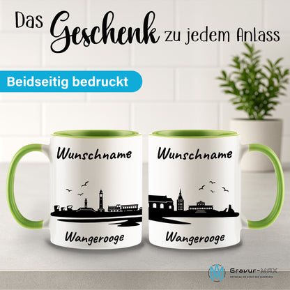 Tasse in Hellgrün 330ml bedruckt mit der Skyline von Wangerooge personalisierbar mit Wunschname