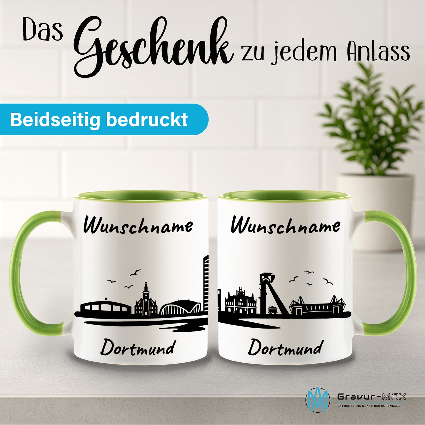 Tasse in Hellgrün 330ml bedruckt mit der Skyline von Dortmund personalisierbar mit Wunschname