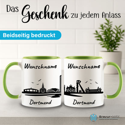 Tasse in Hellgrün 330ml bedruckt mit der Skyline von Dortmund personalisierbar mit Wunschname