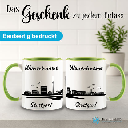 Tasse in Hellgrün 330ml bedruckt mit der Skyline von Stuttgart personalisierbar mit Wunschname