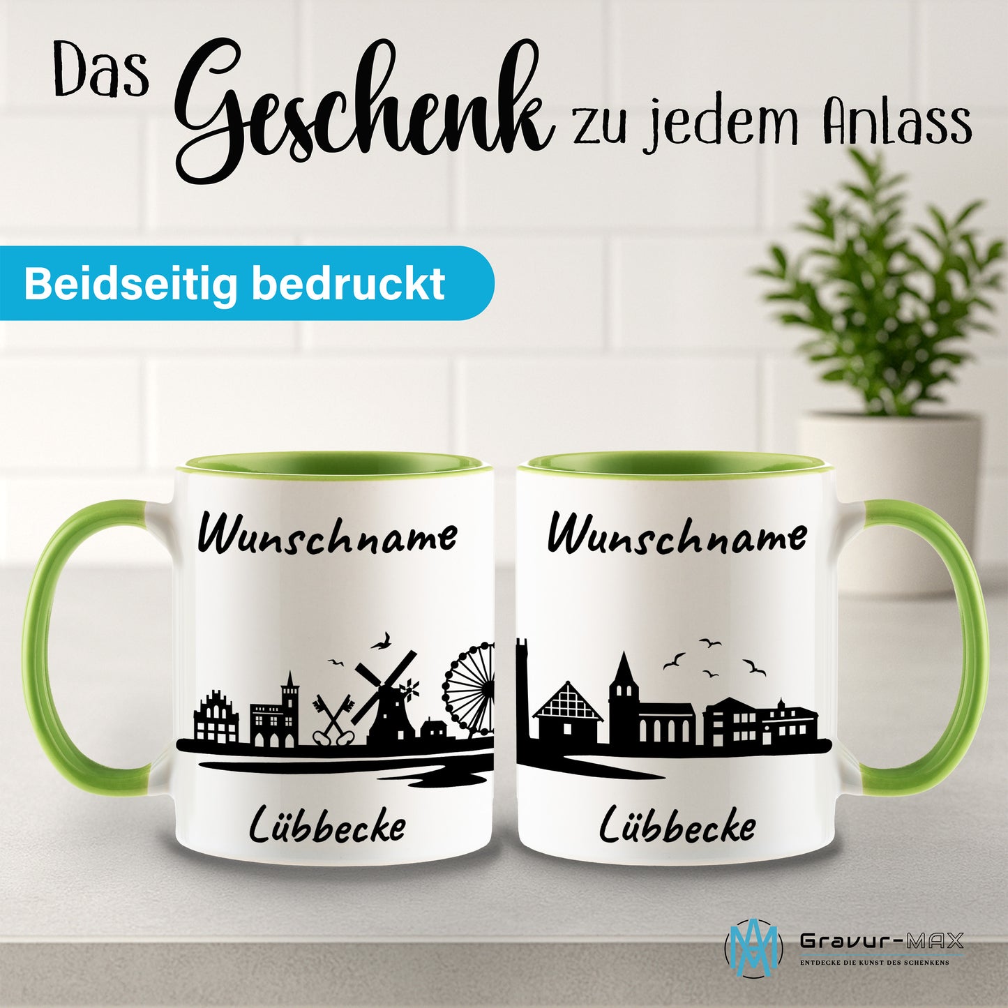Tasse in Hellgrün 330ml bedruckt mit der Skyline von Lübbecke personalisierbar mit Wunschname