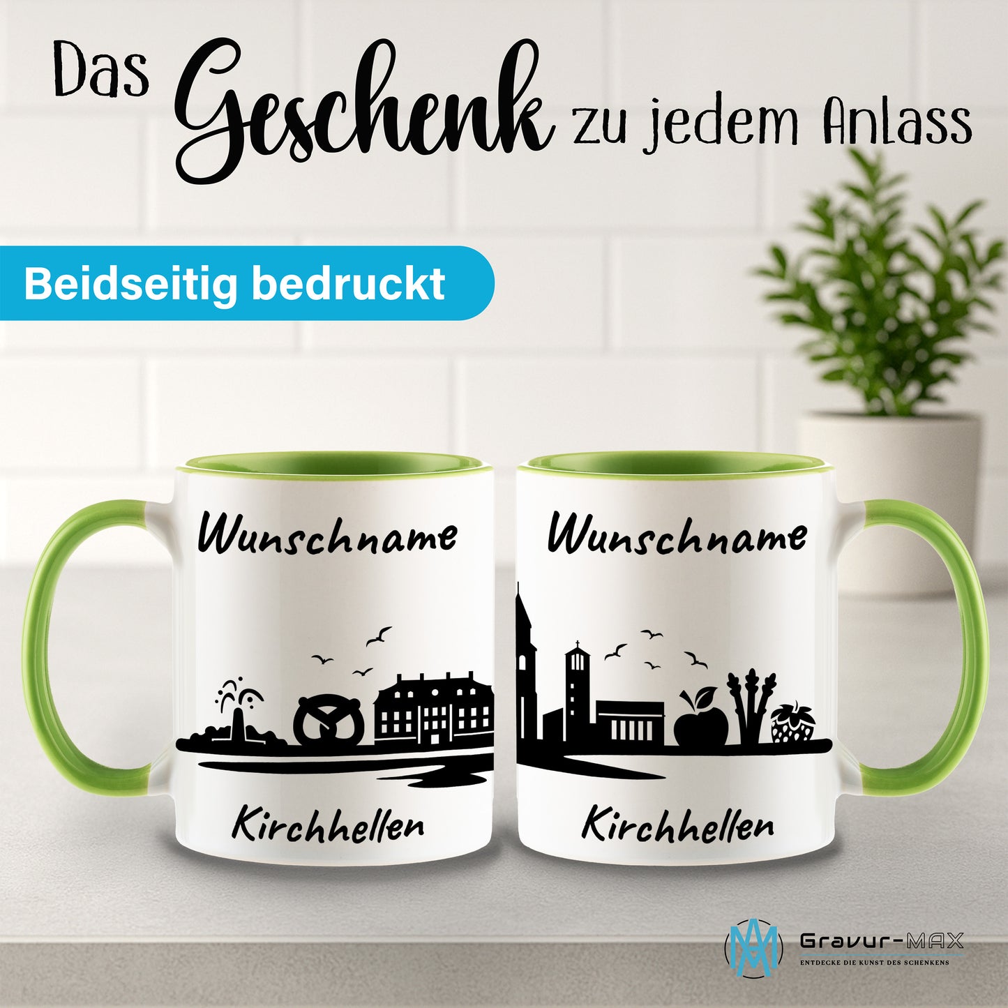 Tasse in Hellgrün 330ml bedruckt mit der Skyline von Kirchhellen personalisierbar mit Wunschname