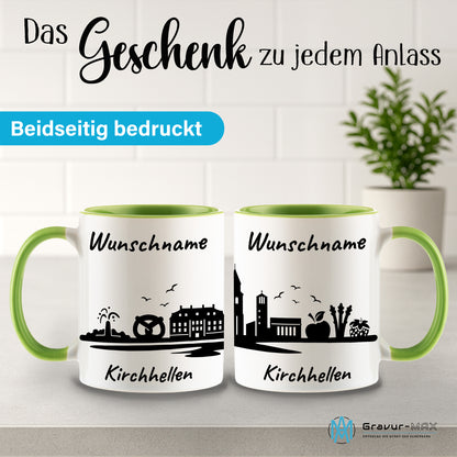 Tasse in Hellgrün 330ml bedruckt mit der Skyline von Kirchhellen personalisierbar mit Wunschname