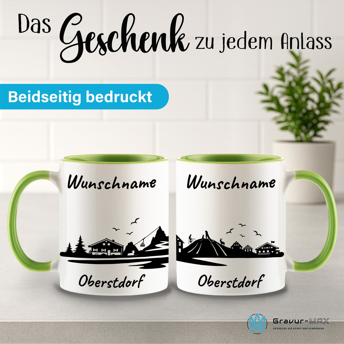 Tasse in Hellgrün 330ml bedruckt mit der Skyline von Oberstdorf personalisierbar mit Wunschname