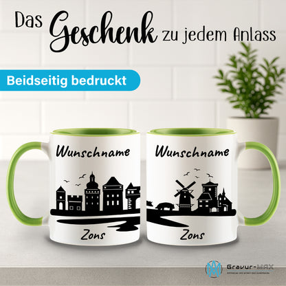 Tasse in Hellgrün 330ml bedruckt mit der Skyline von Zons (Dormagen) personalisierbar mit Wunschname