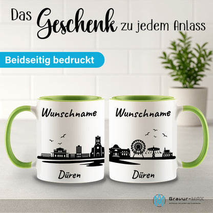 Tasse in Hellgrün 330ml bedruckt mit der Skyline von Düren personalisierbar mit Wunschname