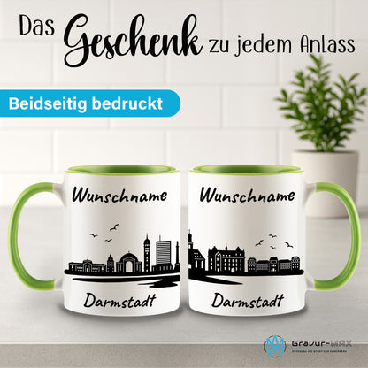 Tasse in Hellgrün 330ml bedruckt mit der Skyline von Darmstadt personalisierbar mit Wunschname
